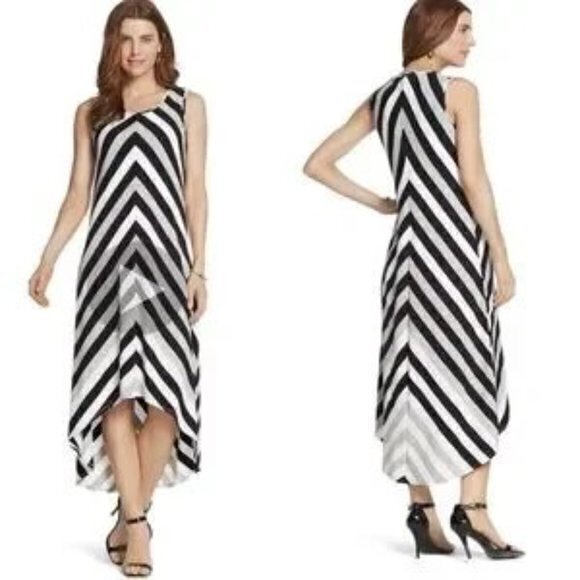 - "NWT"‎ Chico's Mitered Stripe Lexi Dress - Size 0 (SMALL)- Black/Gray/White - Picture 1 of 14